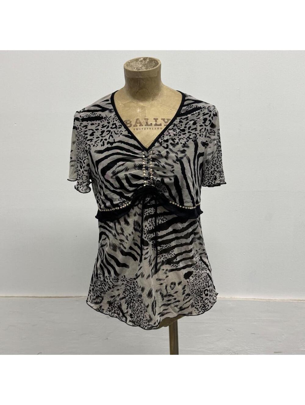 Vintage Y2K Black & Silver-Grey Animal Print Sequined Mesh Top